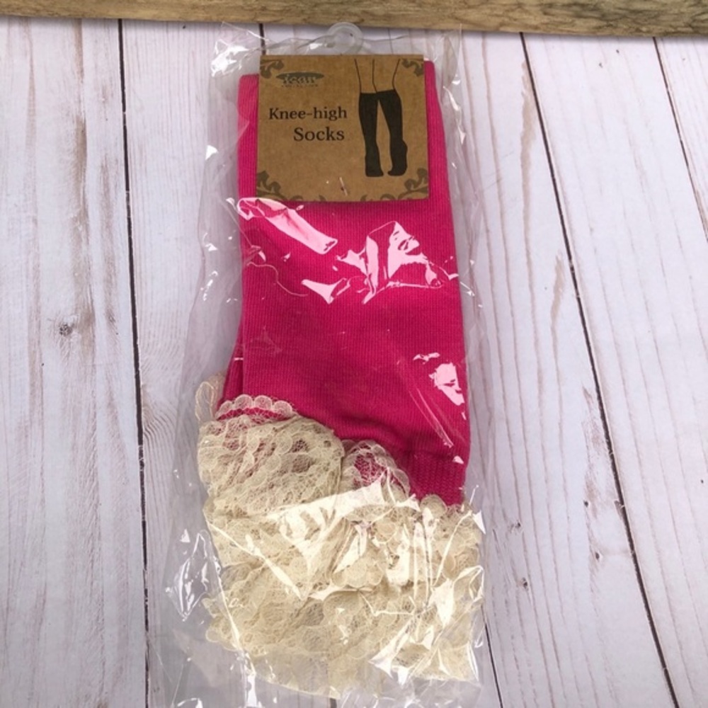 NWT boutique hot pink with cream lace boot socks